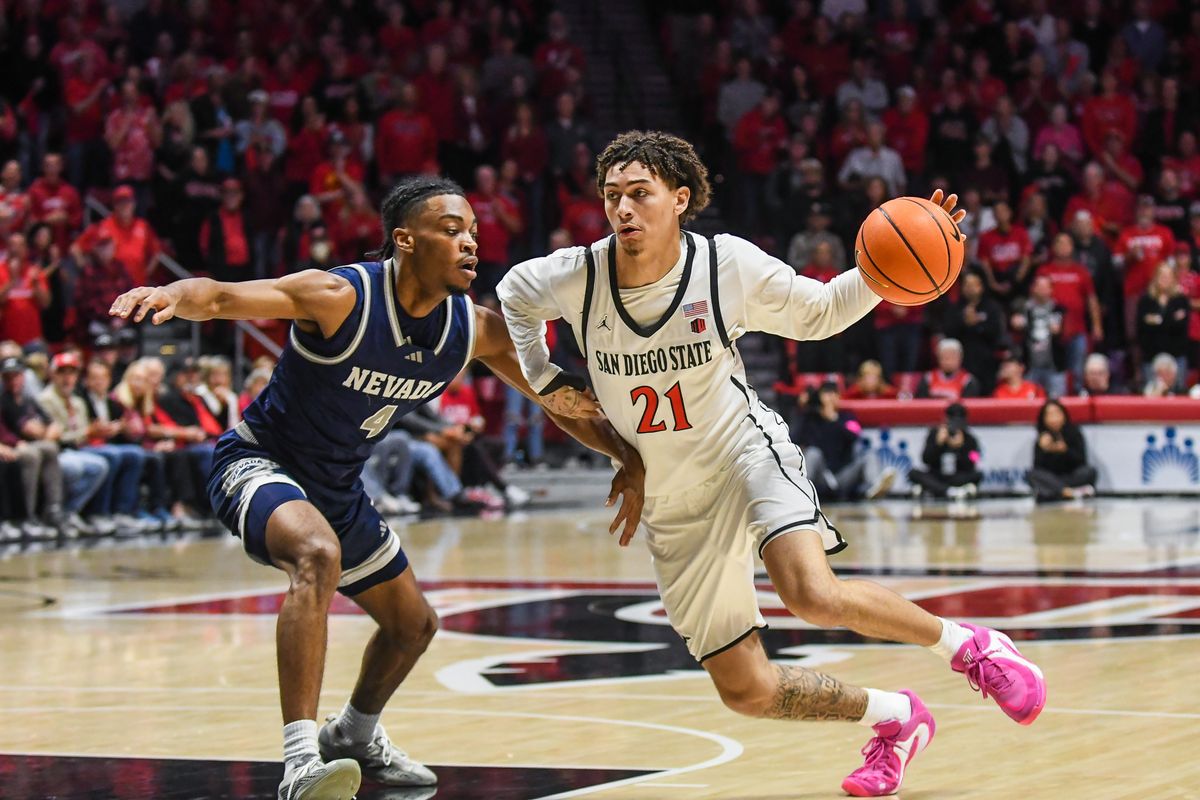 SDSU guard Miles Byrd (21) drives to the basket during an NCAA Basketball game against Nevada Saturday February 14, 2026 in California.