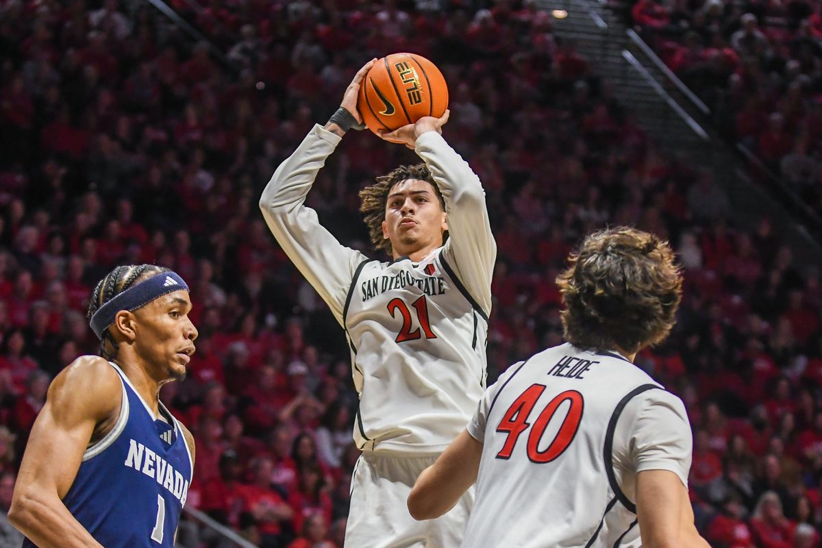 SDSU guard Miles Byrd (21) shoots the ball  during an NCAA Basketball game against Nevada Saturday February 14, 2026 in California.