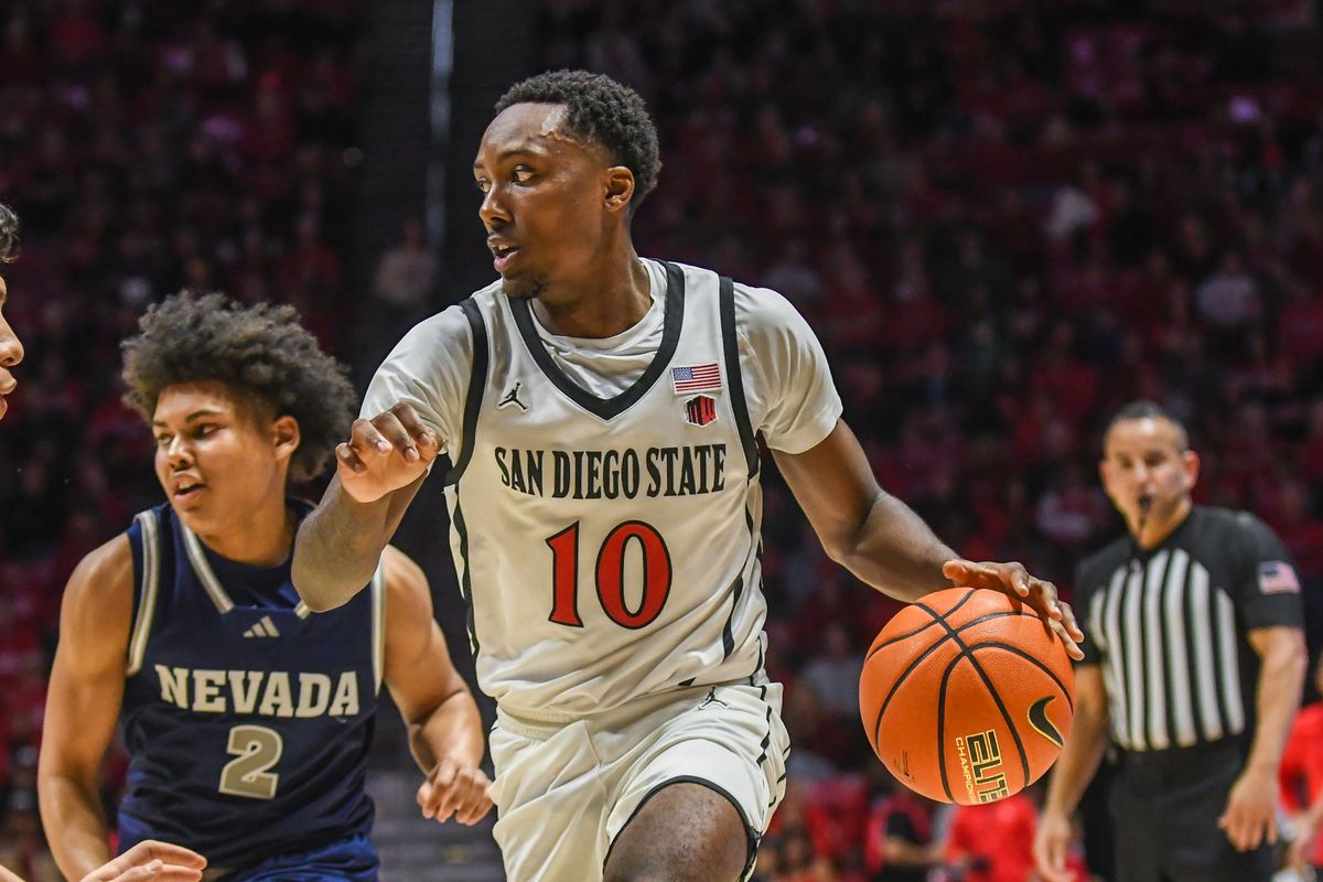 SDSU guard BJ Davis (10) dribbles the ball during an NCAA Basketball game against Nevada Saturday February 14, 2026 in California.