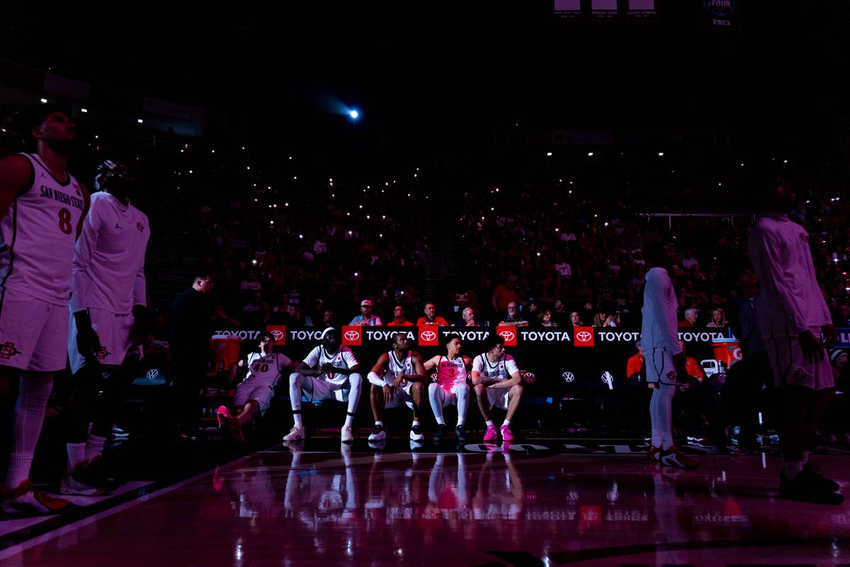 San Diego State players wait to be introduced before an NCAA Basketball game between Utah State and San Diego State, Wednesday February 25, 2026 at Viejas Arena in San Diego, Calif. San Diego State players wait to be introduced before an NCAA Basketball game between Utah State and San Diego State, Wednesday February 25, 2026 at Viejas Arena in San Diego, Calif.