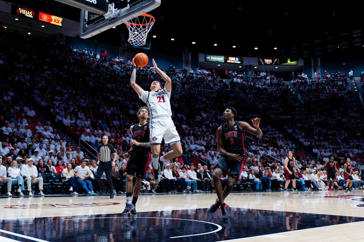 San Diego State guard Miles Byrd (21) attempts a layup during an NCAA Basketball game between UNLV and San Diego State, Friday March 6, 2026 at Viejas Arena in San Diego, Calif. San Diego State guard Miles Byrd (21) attempts a layup during an NCAA Basketball game between UNLV and San Diego State, Friday March 6, 2026 at Viejas Arena in San Diego, Calif.