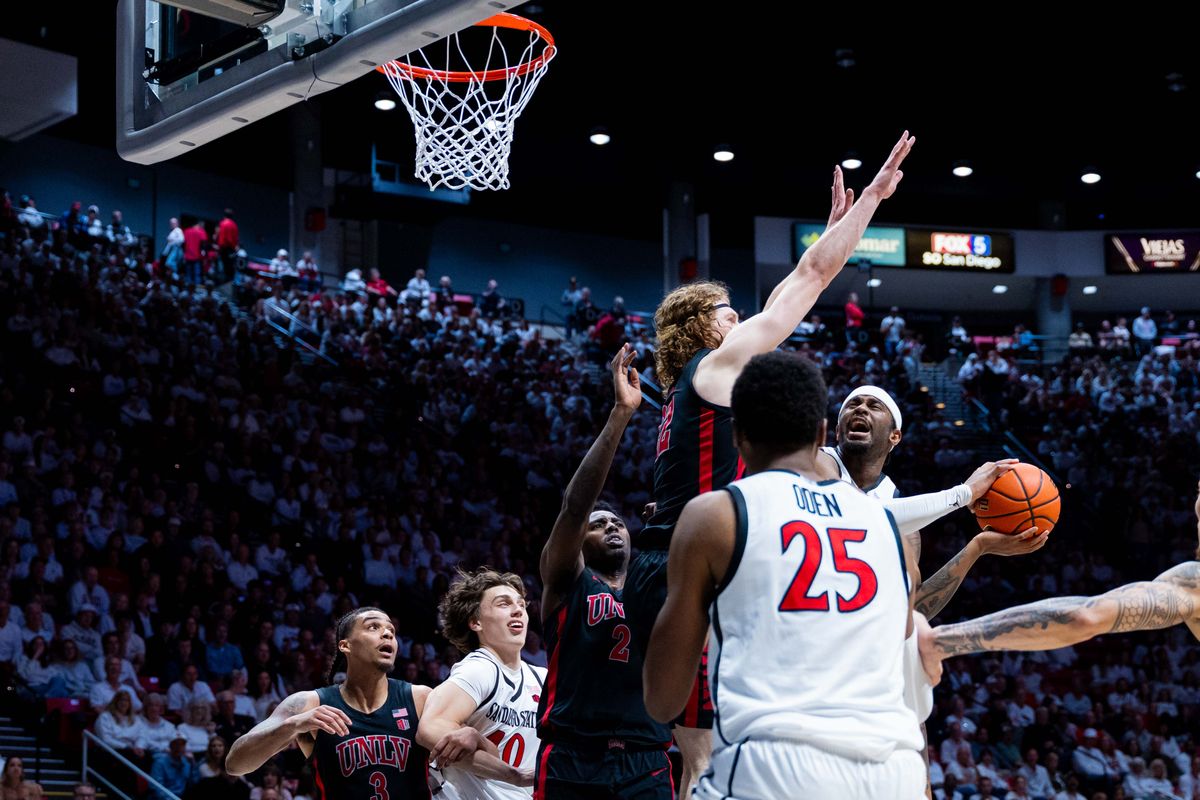 San Diego State guard Reese Dixon-Waters (39) takes a shot during an NCAA Basketball game between UNLV and San Diego State, Friday March 6, 2026 at Viejas Arena in San Diego, Calif. San Diego State guard Reese Dixon-Waters (39) takes a shot during an NCAA Basketball game between UNLV and San Diego State, Friday March 6, 2026 at Viejas Arena in San Diego, Calif.