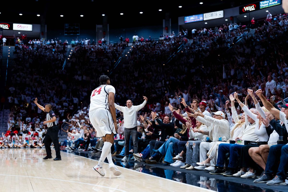 San Diego State guard Taj DeGourville (24) turns to the fans during an NCAA Basketball game between UNLV and San Diego State, Friday March 6, 2026 at Viejas Arena in San Diego, Calif. San Diego State guard Taj DeGourville (24) turns to the fans during an NCAA Basketball game between UNLV and San Diego State, Friday March 6, 2026 at Viejas Arena in San Diego, Calif.