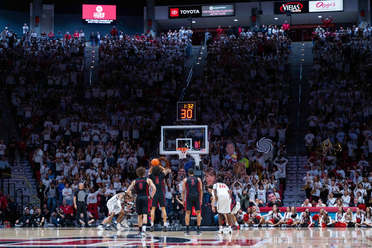 San Diego State fans attempt to distract UNLV forward Tyrin Jones (6) during an NCAA Basketball game between UNLV and San Diego State, Friday March 6, 2026 at Viejas Arena in San Diego, Calif. San Diego State fans attempt to distract UNLV forward Tyrin Jones (6) during an NCAA Basketball game between UNLV and San Diego State, Friday March 6, 2026 at Viejas Arena in San Diego, Calif.