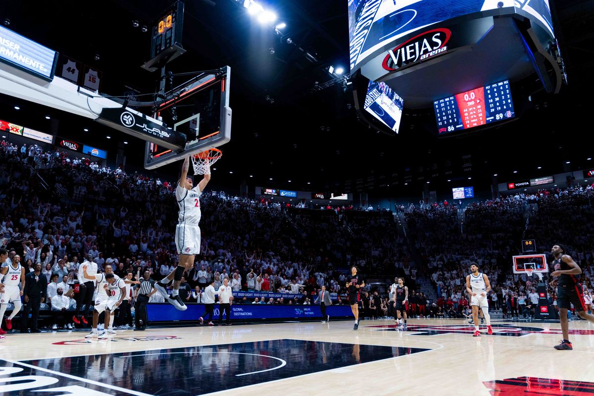 San Diego State guard Miles Byrd (21) dunks after winning an NCAA Basketball game between UNLV and San Diego State, Friday March 6, 2026 at Viejas Arena in San Diego, Calif. San Diego State guard Miles Byrd (21) dunks after winning an NCAA Basketball game between UNLV and San Diego State, Friday March 6, 2026 at Viejas Arena in San Diego, Calif.