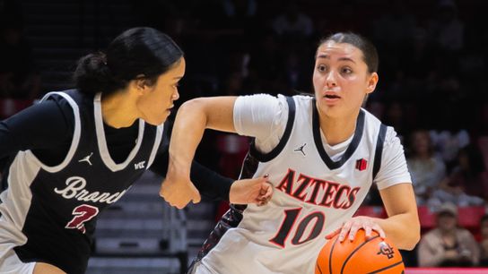 San Diego State guard Nat Martinez looks to drive on Santa Clara guard Aniyah Hooker at Viejas Arena. Image courtesy of SDSU Athletics San Diego State guard Nat Martinez looks to drive on Santa Clara guard Aniyah Hooker at Viejas Arena. Image courtesy of SDSU Athletics