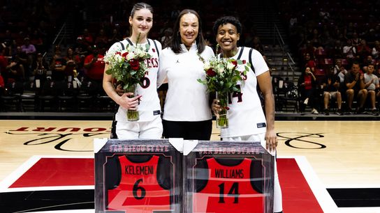 San Diego State head coach Stacie Terry-Hutson stands with Sofia Kelemeni (6) and Nala Williams (14) during a pregame ceremony on Saturday, Feb. 28, 2026 at Viejas Arena. Image courtesy of SDSU Athletics San Diego State head coach Stacie Terry-Hutson stands with Sofia Kelemeni (6) and Nala Williams (14) during a pregame ceremony on Saturday, Feb. 28, 2026 at Viejas Arena. Image courtesy of SDSU Athletics