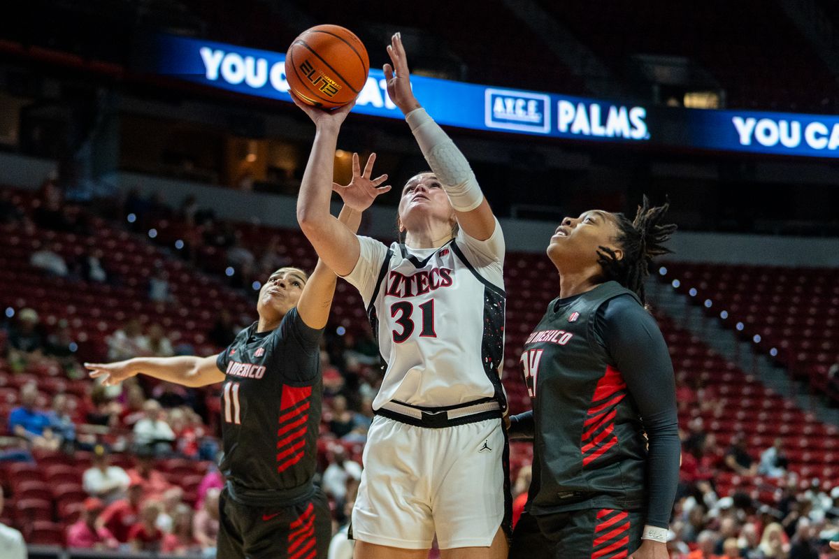 San Diego State University guard Cali Clark (31) attempts to shoot the ball during Mountain West basketball tournament game against New Mexico on Monday March 10, 2025 in Las Vegas.