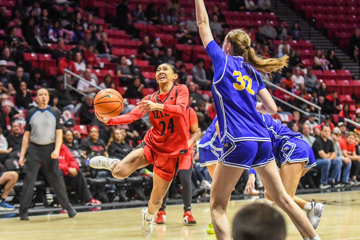 SDSU guard Naomi Panganiban (24) makes a driving layup during an NCAA Women’s basketball game against San Jose State Saturday January 24, 2026 in San Diego, California. SDSU guard Naomi Panganiban (24) makes a driving layup during an NCAA Women’s basketball game against San Jose State Saturday January 24, 2026 in San Diego, California.