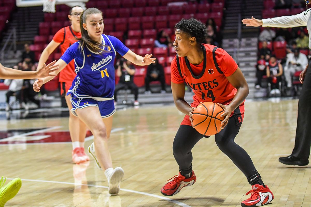 SDSU guard Nala Williams (14) looks to pass during an NCAA Women’s basketball game against San Jose State Saturday January 24, 2026 in San Diego, California. SDSU guard Nala Williams (14) looks to pass during an NCAA Women’s basketball game against San Jose State Saturday January 24, 2026 in San Diego, California.