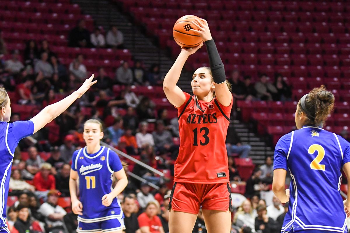 SDSU forward Maria Konstantinidou (13) shoots the ball during an NCAA Women’s basketball game against San Jose State Saturday January 24, 2026 in San Diego, California. SDSU forward Maria Konstantinidou (13) shoots the ball during an NCAA Women’s basketball game against San Jose State Saturday January 24, 2026 in San Diego, California.