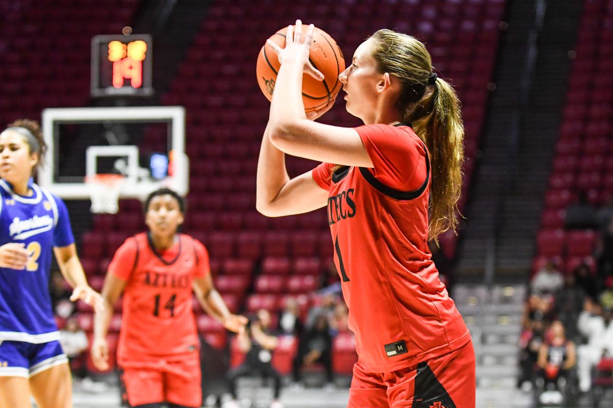 SDSU guard Kendall Mosley (1) shoots a 3PT jump shot during an NCAA Women’s basketball game against San Jose State Saturday January 24, 2026 in San Diego, California. SDSU guard Kendall Mosley (1) shoots a 3PT jump shot during an NCAA Women’s basketball game against San Jose State Saturday January 24, 2026 in San Diego, California.