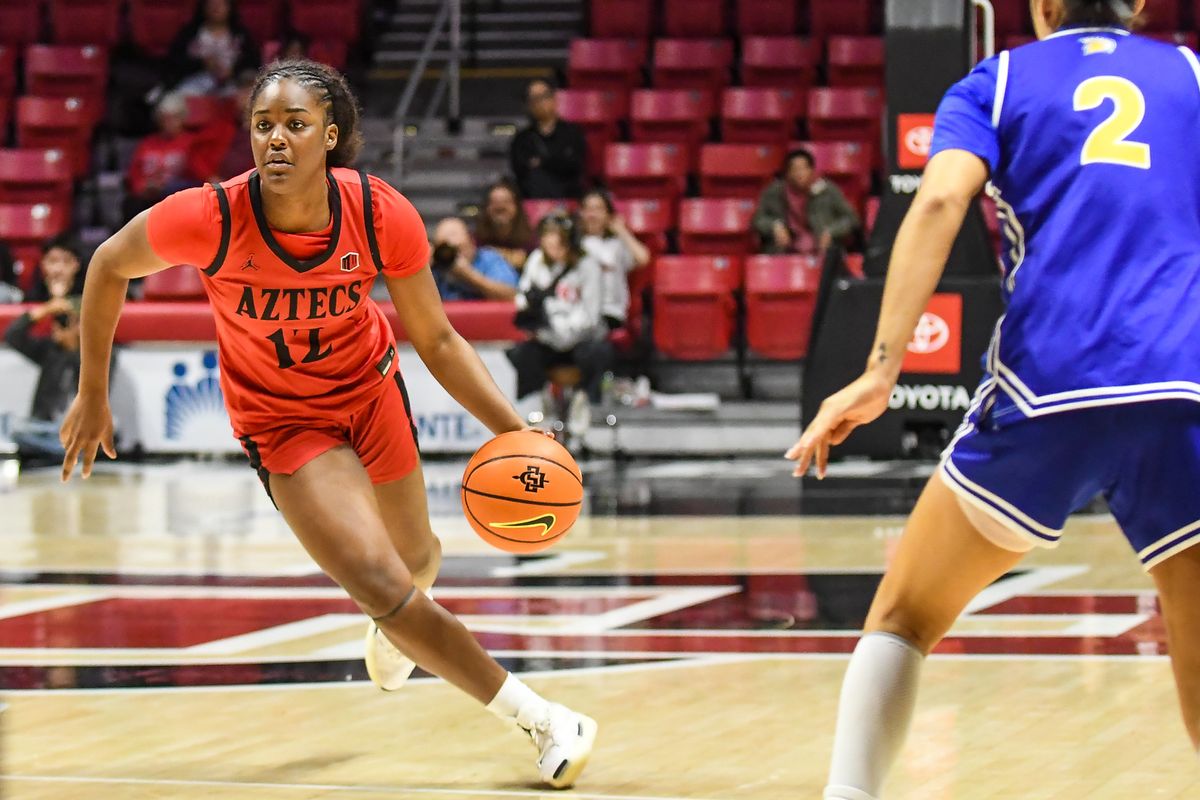 SDSU guard Kaelyn Hamilton (12) bring the ball up the floor during an NCAA Women’s basketball game against San Jose State Saturday January 24, 2026 in San Diego, California. SDSU guard Kaelyn Hamilton (12) bring the ball up the floor during an NCAA Women’s basketball game against San Jose State Saturday January 24, 2026 in San Diego, California.