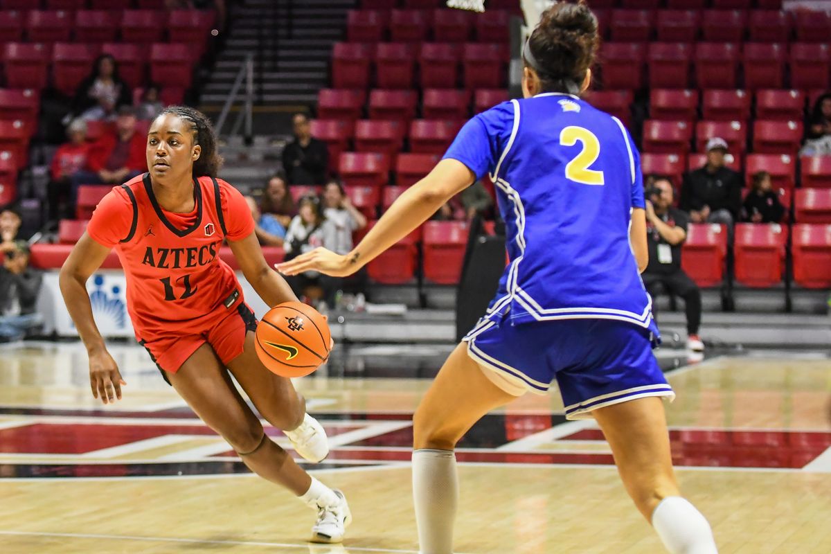 SDSU guard Kaelyn Hamilton (12) bring the ball up the floor during an NCAA Women’s basketball game against San Jose State Saturday January 24, 2026 in San Diego, California. SDSU guard Kaelyn Hamilton (12) bring the ball up the floor during an NCAA Women’s basketball game against San Jose State Saturday January 24, 2026 in San Diego, California.