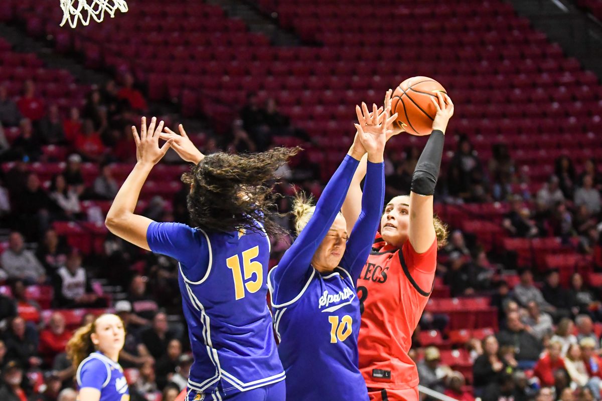 SDSU forward Maria Konstantinidou (13) shoots the ball during an NCAA Women’s basketball game against San Jose State Saturday January 24, 2026 in San Diego, California. SDSU forward Maria Konstantinidou (13) shoots the ball during an NCAA Women’s basketball game against San Jose State Saturday January 24, 2026 in San Diego, California.