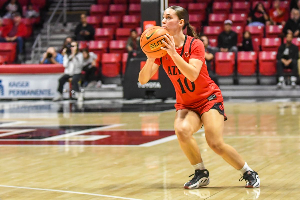 SDSU guard Nat Martinez (10) shoots a 3PT jump shot during an NCAA Women’s basketball game against San Jose State Saturday January 24, 2026 in San Diego, California. SDSU guard Nat Martinez (10) shoots a 3PT jump shot during an NCAA Women’s basketball game against San Jose State Saturday January 24, 2026 in San Diego, California.