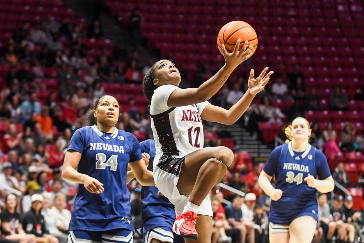 SDSU guard Kaelyn Hamilton (12) makes a driving layup during an NCAA basketball game against Nevada Saturday January 31, 2026 in San Diego, California. SDSU guard Kaelyn Hamilton (12) makes a driving layup during an NCAA basketball game against Nevada Saturday January 31, 2026 in San Diego, California.