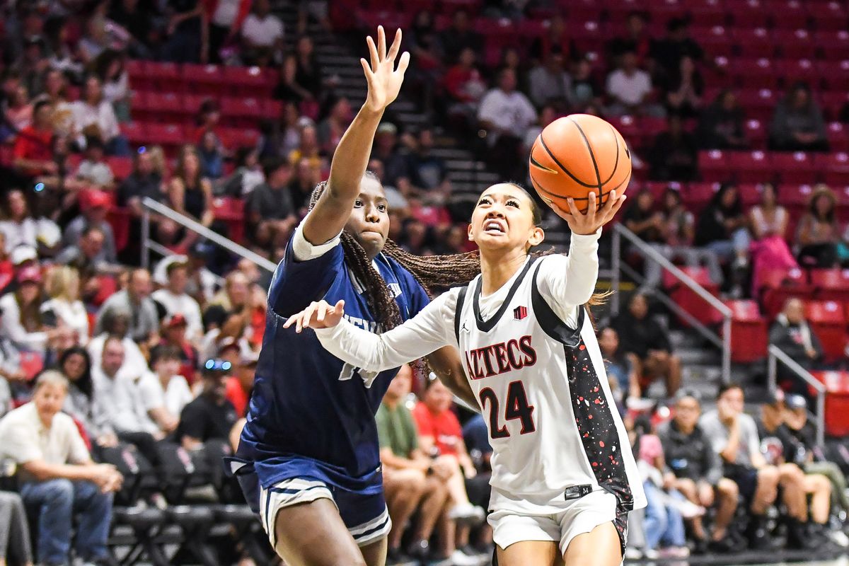 SDSU guard Naomi Panganiban (24) makes a running layup during an NCAA basketball game against Nevada Saturday January 31, 2026 in San Diego, California. SDSU guard Naomi Panganiban (24) makes a running layup during an NCAA basketball game against Nevada Saturday January 31, 2026 in San Diego, California.