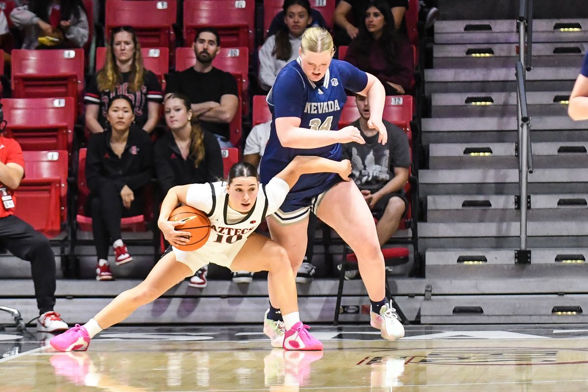 SDSU guard Nat Martinez (10) secures a rebound during an NCAA basketball game against Nevada Saturday January 31, 2026 in San Diego, California. SDSU guard Nat Martinez (10) secures a rebound during an NCAA basketball game against Nevada Saturday January 31, 2026 in San Diego, California.