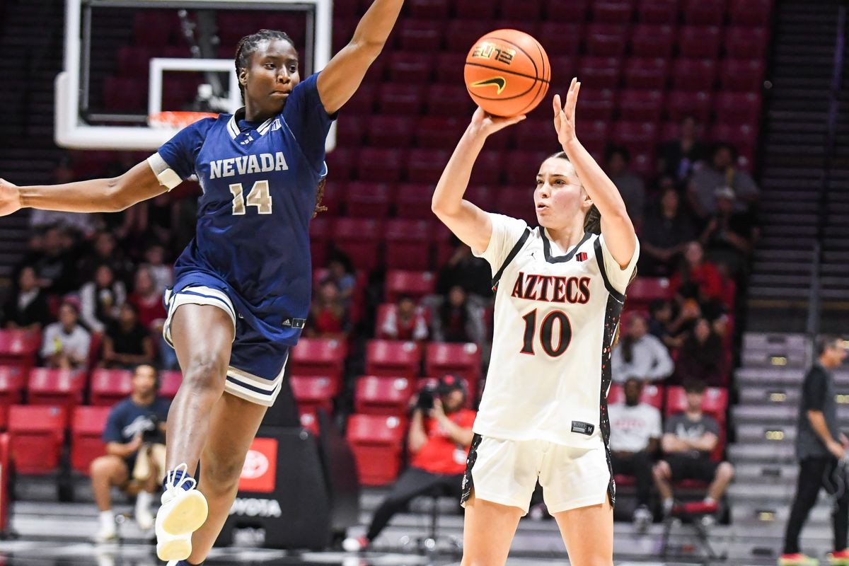 SDSU guard Nat Martinez (10) shoots a 3PT jump shot during an NCAA basketball game against Nevada Saturday January 31, 2026 in San Diego, California. SDSU guard Nat Martinez (10) shoots a 3PT jump shot during an NCAA basketball game against Nevada Saturday January 31, 2026 in San Diego, California.