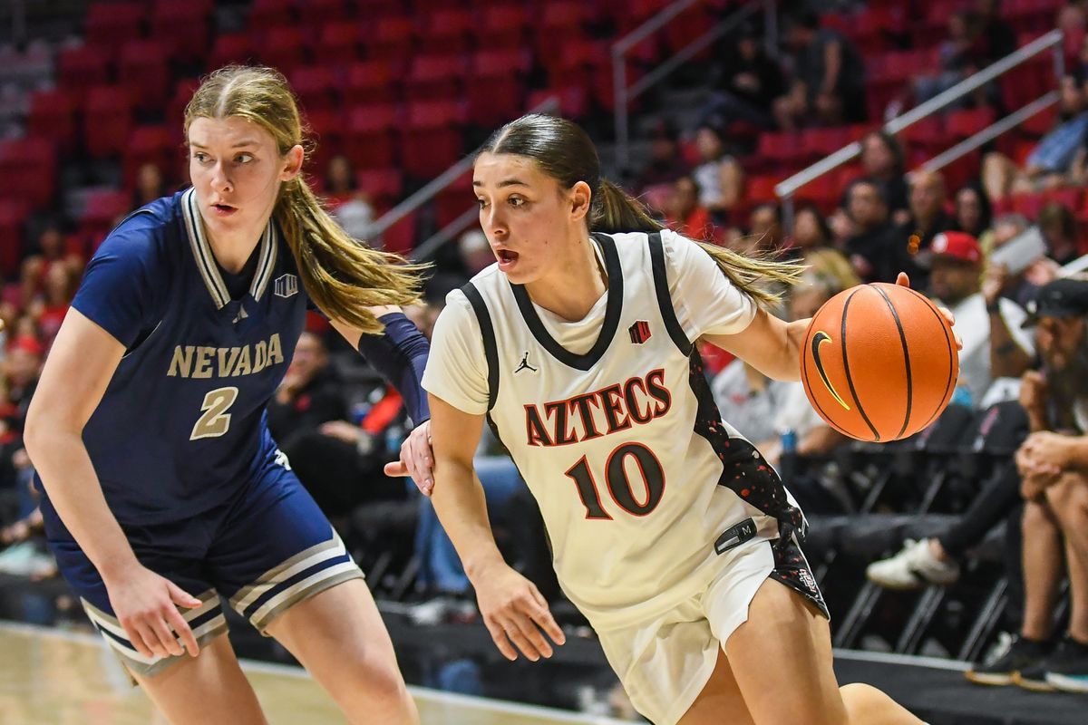 SDSU guard Nat Martinez (10) attacks the rim during an NCAA basketball game against Nevada Saturday January 31, 2026 in San Diego, California. SDSU guard Nat Martinez (10) attacks the rim during an NCAA basketball game against Nevada Saturday January 31, 2026 in San Diego, California.