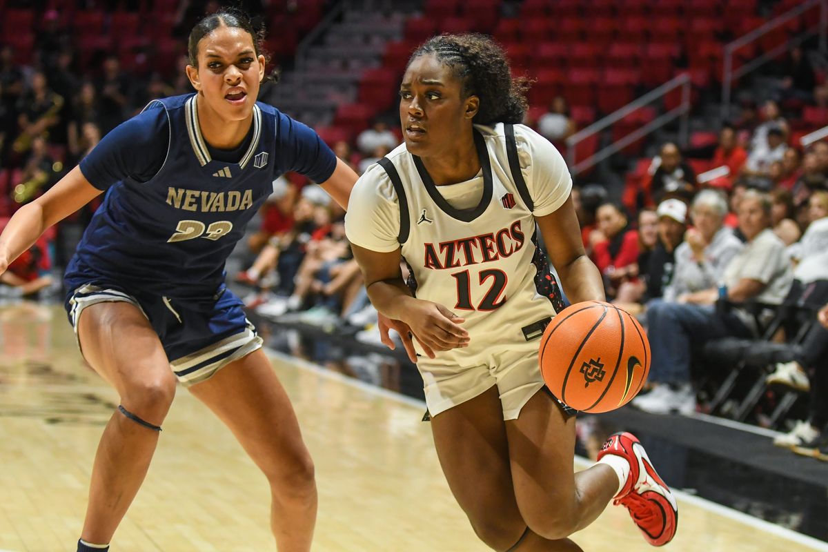 SDSU guard Kaelyn Hamilton (12) dribbles the ball during an NCAA basketball game against Nevada Saturday January 31, 2026 in San Diego, California. SDSU guard Kaelyn Hamilton (12) dribbles the ball during an NCAA basketball game against Nevada Saturday January 31, 2026 in San Diego, California.