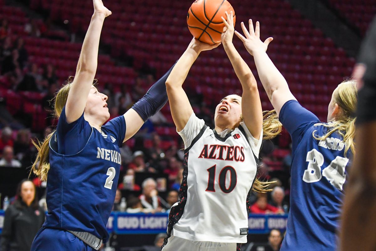 SDSU guard Nat Martinez (10) shoots the ball during an NCAA basketball game against Nevada Saturday January 31, 2026 in San Diego, California. SDSU guard Nat Martinez (10) shoots the ball during an NCAA basketball game against Nevada Saturday January 31, 2026 in San Diego, California.