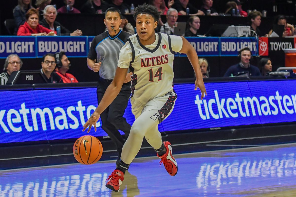 SDSU guard Nala Williams (14) dribbles the ball during an NCAA basketball game against Nevada Saturday January 31, 2026 in San Diego, California. SDSU guard Nala Williams (14) dribbles the ball during an NCAA basketball game against Nevada Saturday January 31, 2026 in San Diego, California.