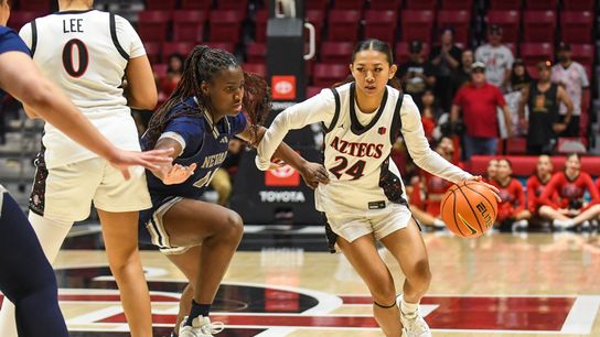 SDSU guard Naomi Panganiban (24) bring the ball up the floor during an NCAA basketball  game against Nevada Saturday January 31, 2026 in  San Diego, California.