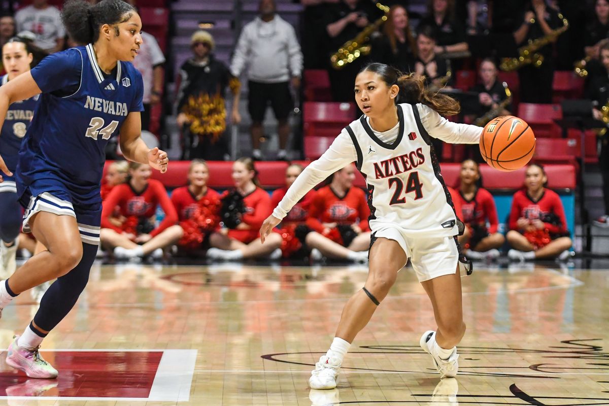 SDSU guard Naomi Panganiban (24) dribbles the ball during an NCAA basketball game against Nevada Saturday January 31, 2026 in San Diego, California. SDSU guard Naomi Panganiban (24) dribbles the ball during an NCAA basketball game against Nevada Saturday January 31, 2026 in San Diego, California.