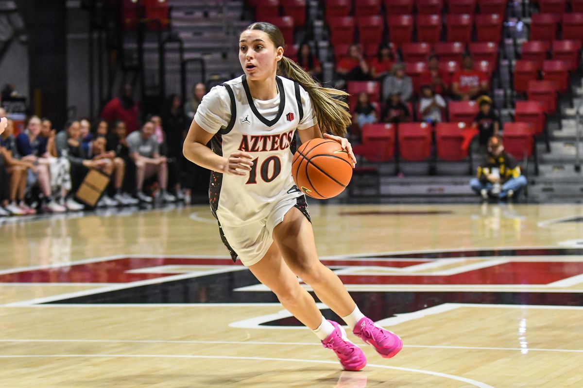 SDSU guard Nat Martinez (10) bring the ball up the floor during an NCAA basketball game against Nevada Saturday January 31, 2026 in San Diego, California. SDSU guard Nat Martinez (10) bring the ball up the floor during an NCAA basketball game against Nevada Saturday January 31, 2026 in San Diego, California.