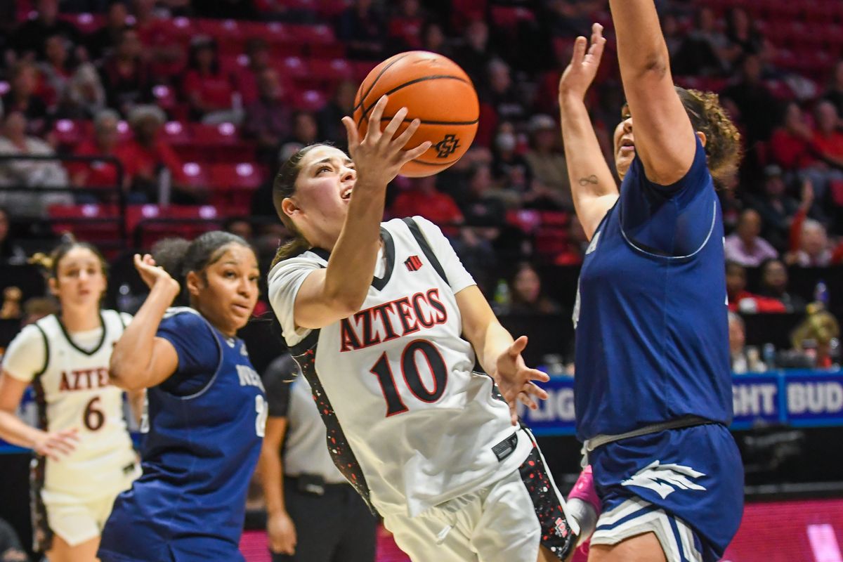 SDSU guard Nat Martinez (10) makes a driving layup during an NCAA basketball game against Nevada Saturday January 31, 2026 in San Diego, California. SDSU guard Nat Martinez (10) makes a driving layup during an NCAA basketball game against Nevada Saturday January 31, 2026 in San Diego, California.