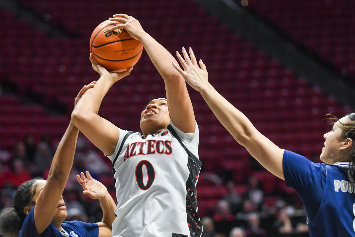SDSU forward Kennedy Lee (0) shoots the ball during an NCAA basketball game against Nevada Saturday January 31, 2026 in San Diego, California. SDSU forward Kennedy Lee (0) shoots the ball during an NCAA basketball game against Nevada Saturday January 31, 2026 in San Diego, California.