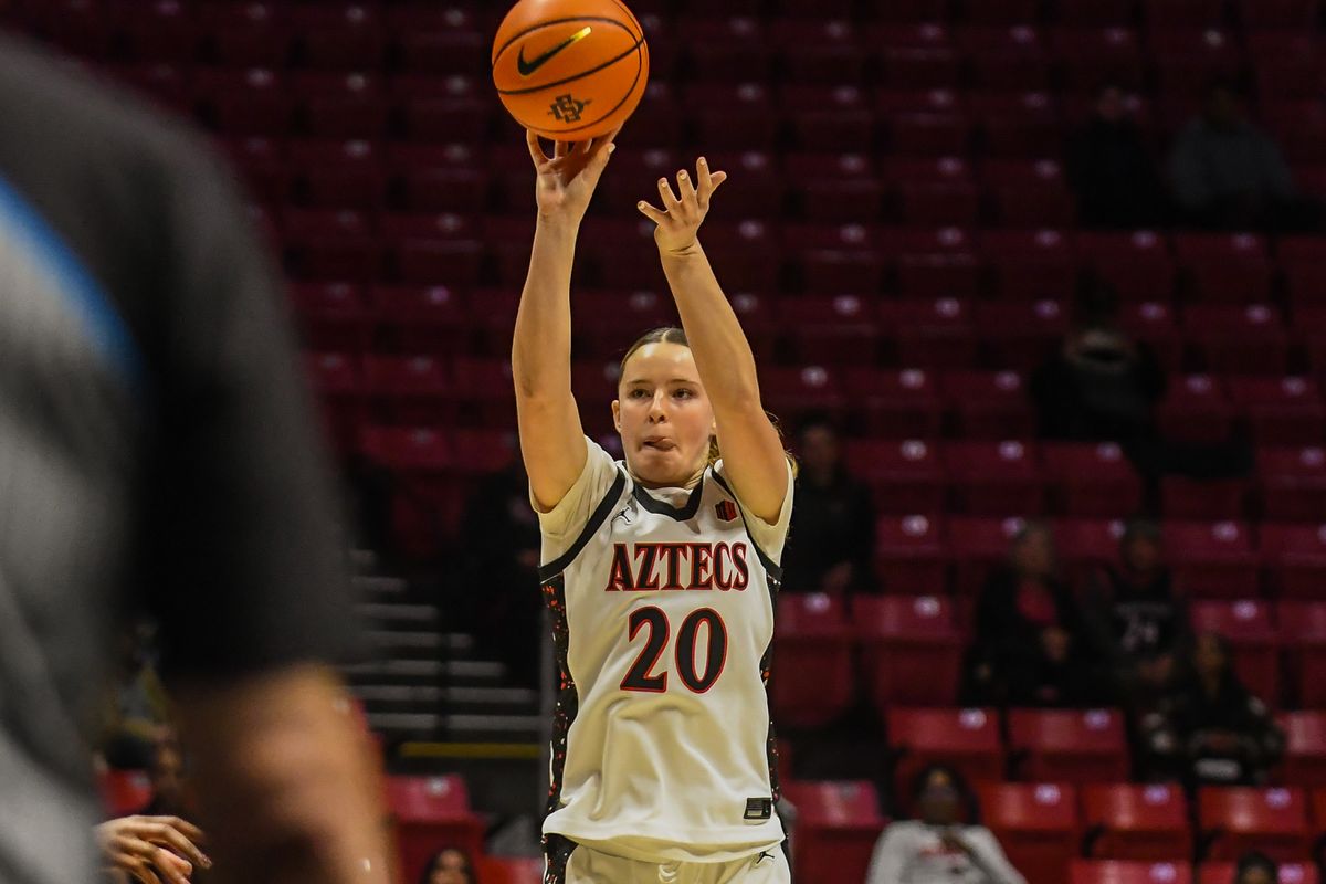 SDSU forward Bailey Barnhard (20) shoots a 3PT jump shot  during an NCAA Women’s Basketball game against UNLV Wednesday February 18, 2026 in San Diego, California.