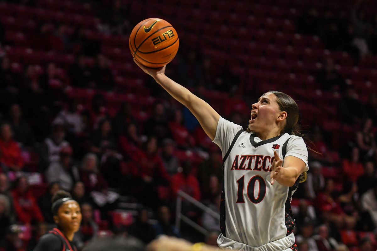 SDSU guard Nat Martinez (10) makes a running layup during an NCAA Women’s Basketball game against UNLV Wednesday February 18, 2026 in San Diego, California.