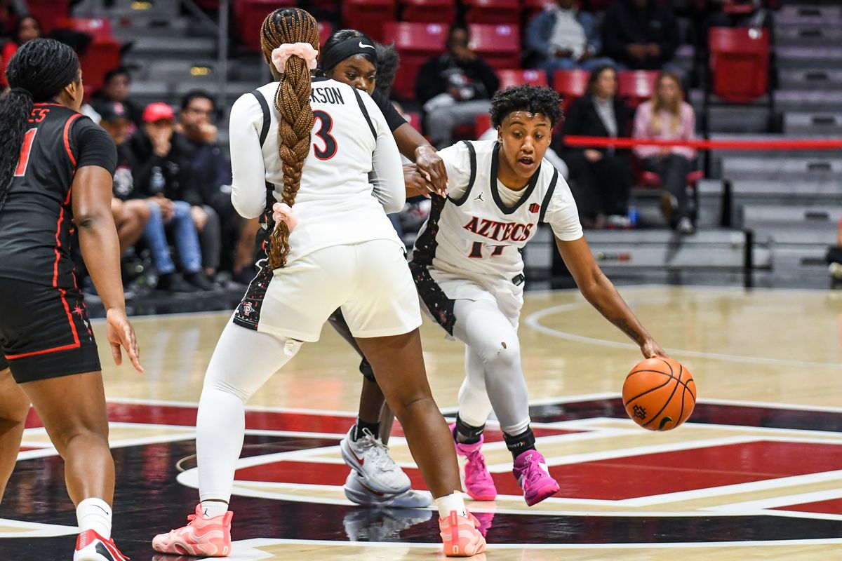 SDSU guard Nala Williams (14)  dribbles the ball during an NCAA Women’s Basketball game against UNLV Wednesday February 18, 2026 in San Diego, California.