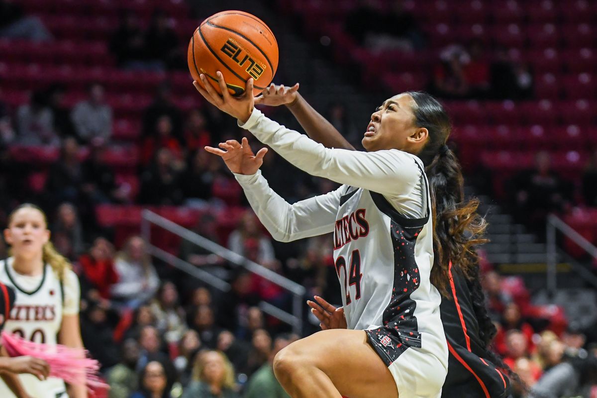 SDSU guard Naomi Panganiban (24) makes a running layup during an NCAA Women’s Basketball game against UNLV Wednesday February 18, 2026 in San Diego, California.
