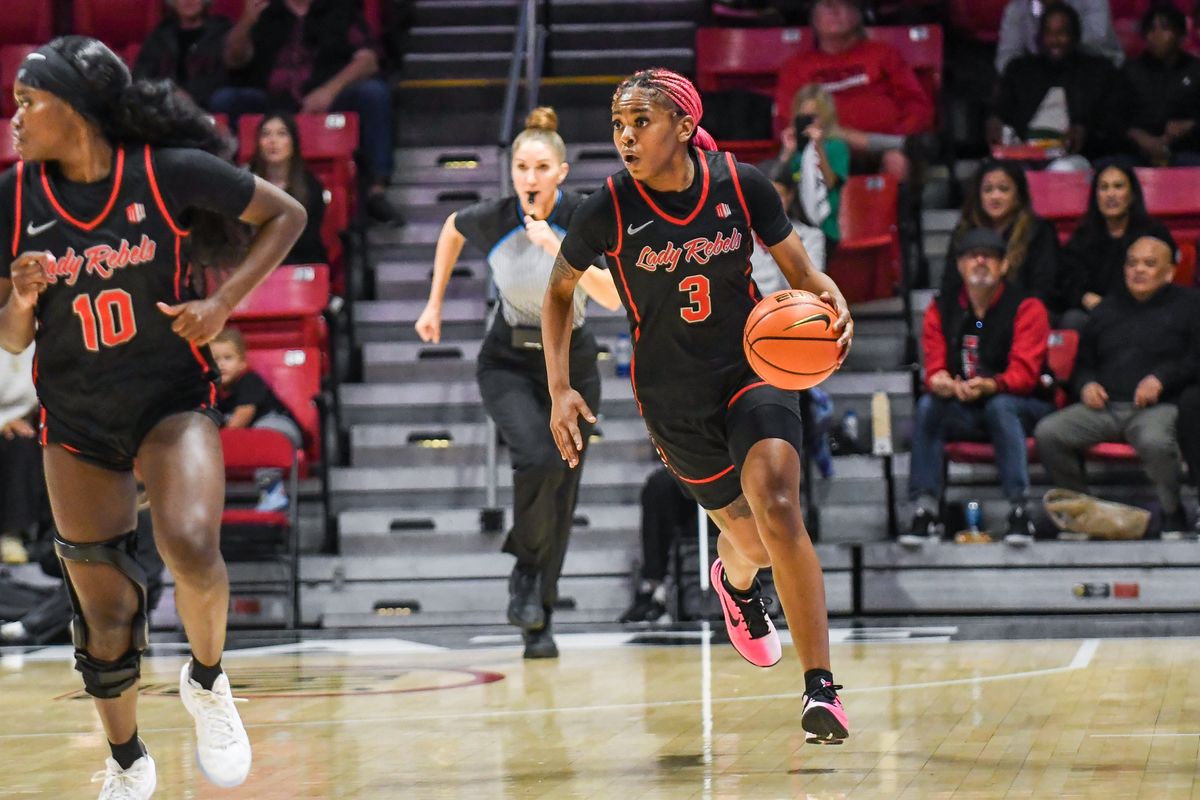 UNLV forward Shelbee Brown (3) dribbles the ball during an NCAA Women’s Basketball game against SDSU  Wednesday February 18, 2026 in San Diego, California.