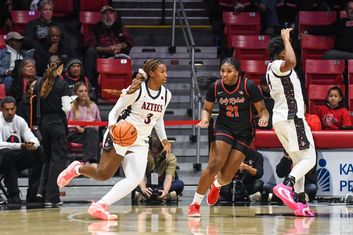 SDSU guard Alyssa Jackson (3) dribbles the ball during an NCAA Women’s Basketball game against UNLV Wednesday February 18, 2026 in San Diego, California.