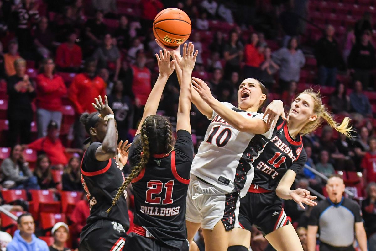 SDSU guard Nat Martinez (10) shoots the ball during an NCAA Women’s Basketball game against Fresno State Saturday February 21, 2026 in San Diego, California. SDSU guard Nat Martinez (10) shoots the ball during an NCAA Women’s Basketball game against Fresno State Saturday February 21, 2026 in San Diego, California.