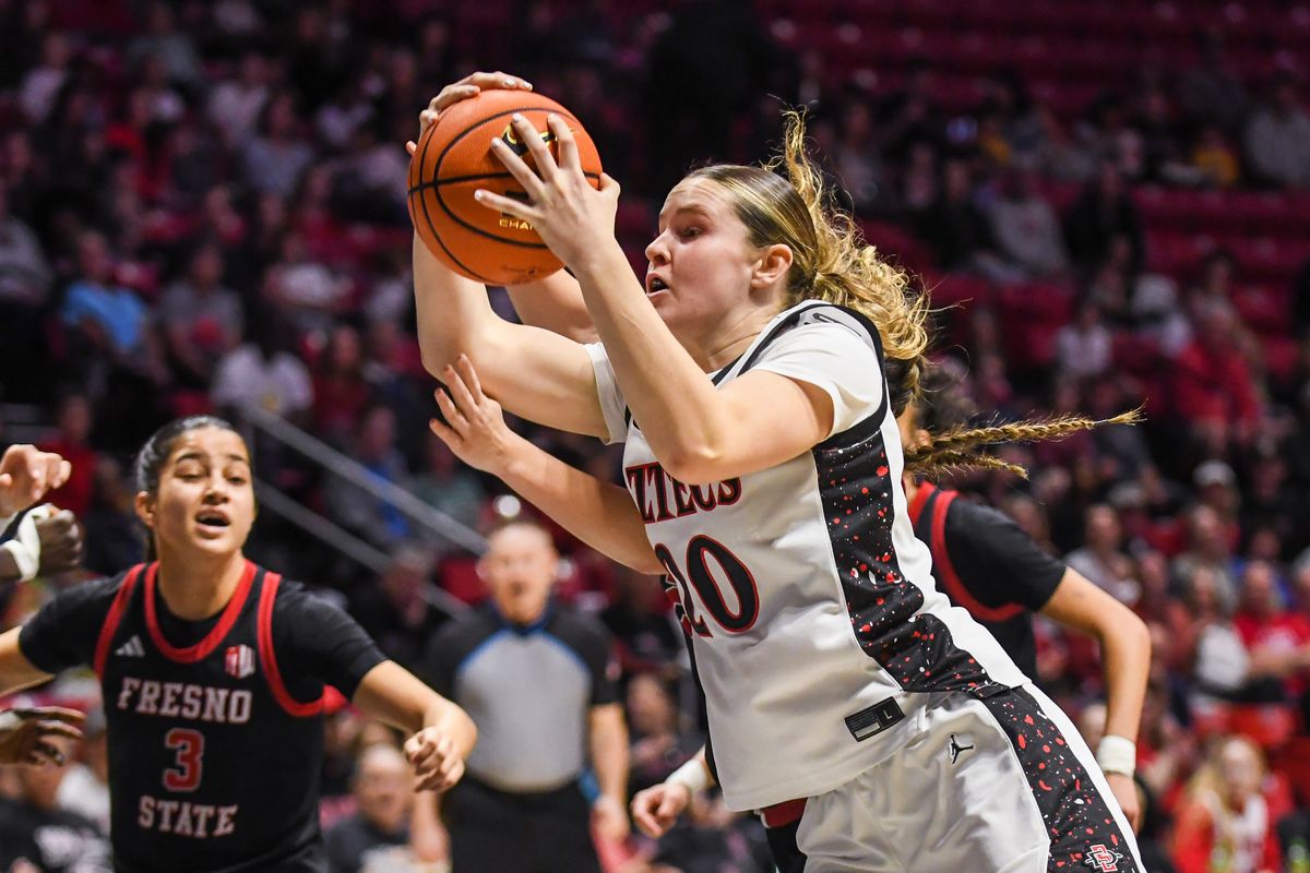 SDSU forward Bailey Barnhard (20) shoots the ball during an NCAA Women’s Basketball game against Fresno State Saturday February 21, 2026 in San Diego, California. SDSU forward Bailey Barnhard (20) shoots the ball during an NCAA Women’s Basketball game against Fresno State Saturday February 21, 2026 in San Diego, California.