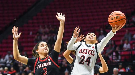 SDSU guard Naomi Panganiban (24) makes a running layup during an NCAA Women’s Basketball game against Fresno State Saturday February 21, 2026 in San Diego, California. SDSU guard Naomi Panganiban (24) makes a running layup during an NCAA Women’s Basketball game against Fresno State Saturday February 21, 2026 in San Diego, California.