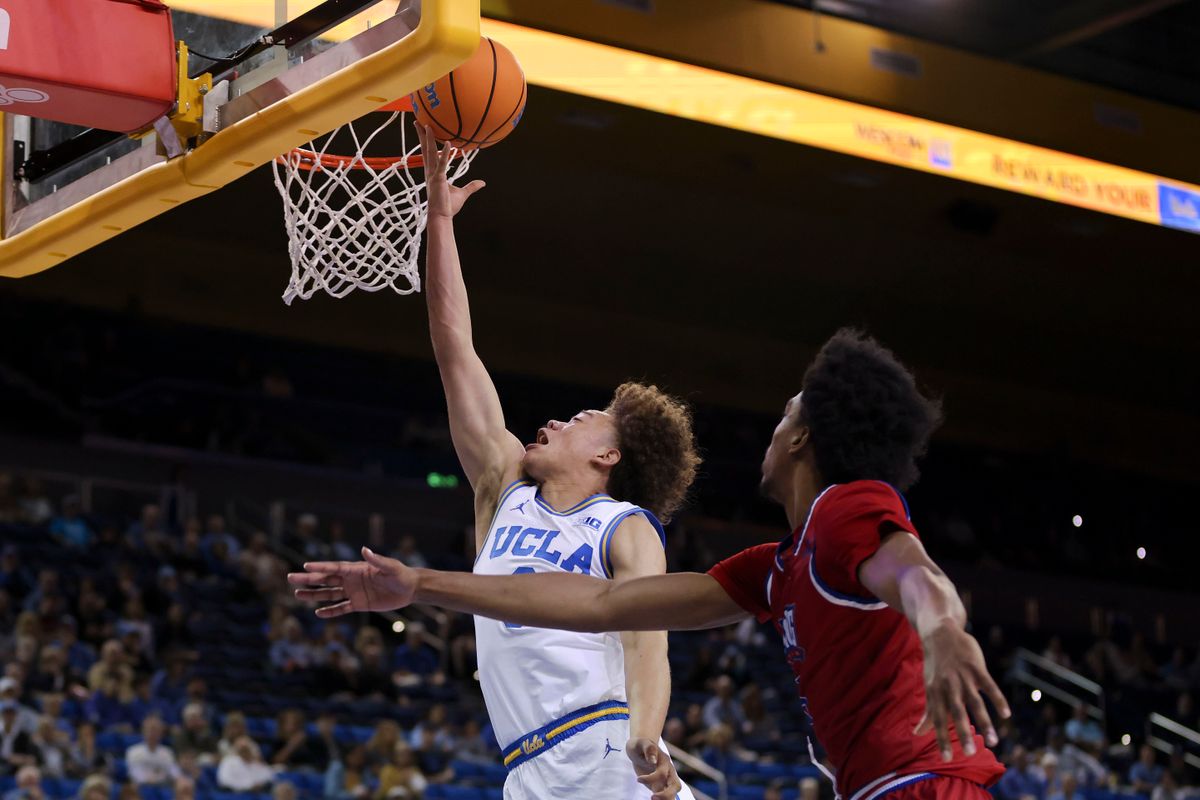 Guard Trent Perry #0 of the UCLA Bruins lays the ball up during an NCAA basketball game against the West Georgia Wolves, Monday November 10, 2025 in Los Angeles, Calif. Guard Trent Perry #0 of the UCLA Bruins lays the ball up during an NCAA basketball game against the West Georgia Wolves, Monday November 10, 2025 in Los Angeles, Calif.