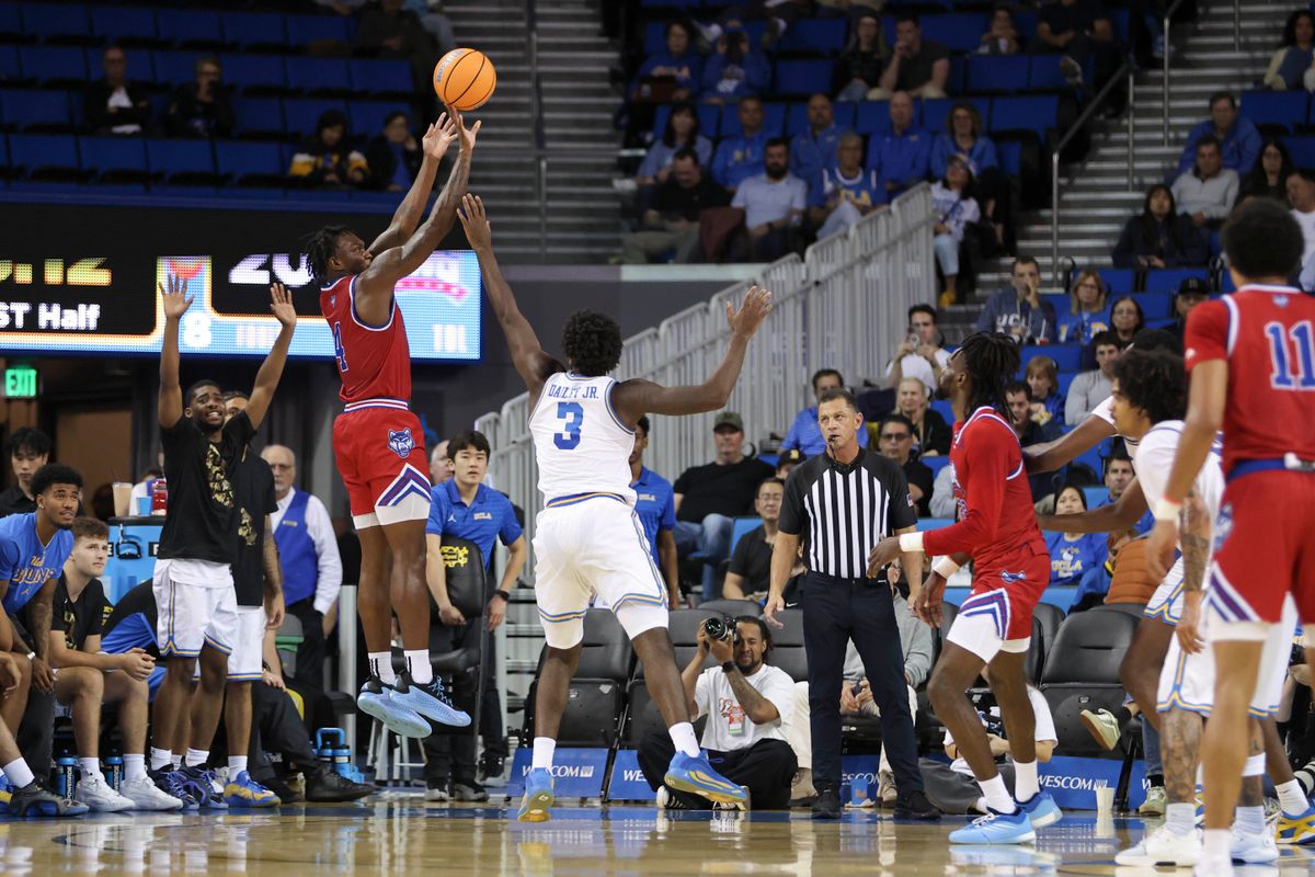 Forward Shelton Williams-Dryden #4 of the West Georgia Wolves shoots the ball during an NCAA basketball game against the UCLA Bruins, Monday November 10, 2025 in Los Angeles, Calif. Forward Shelton Williams-Dryden #4 of the West Georgia Wolves shoots the ball during an NCAA basketball game against the UCLA Bruins, Monday November 10, 2025 in Los Angeles, Calif.