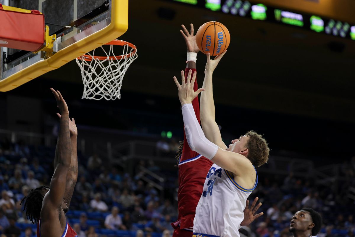Forward Tyler Bilodeau #34 of the UCLA Bruins celebrates during an NCAA basketball game against the West Georgia Wolves, Monday November 10, 2025 in Los Angeles, Calif. Forward Tyler Bilodeau #34 of the UCLA Bruins celebrates during an NCAA basketball game against the West Georgia Wolves, Monday November 10, 2025 in Los Angeles, Calif.