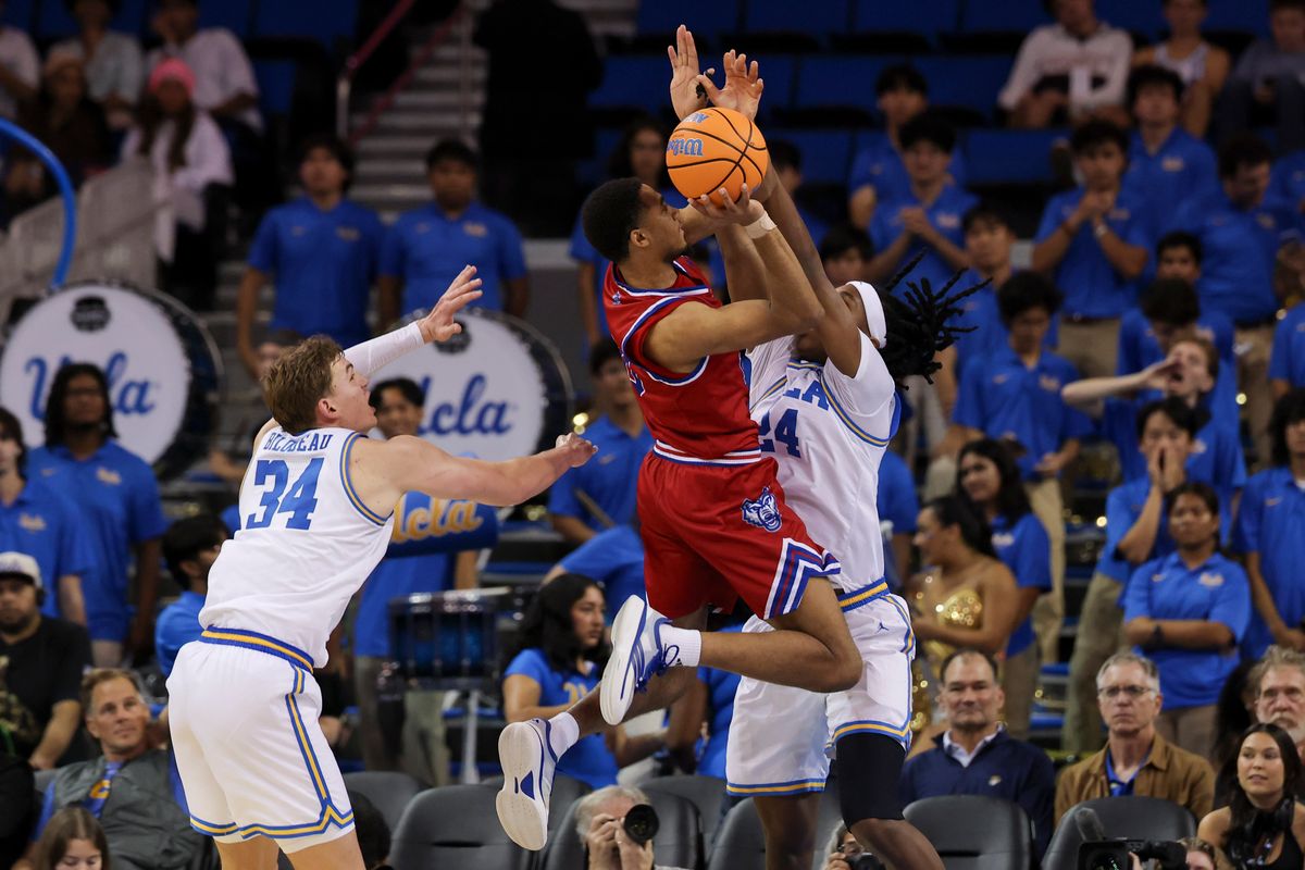 Guard Josh Smith #10 of the West Georgia Wolves shoots the ball during an NCAA basketball game against the UCLA Bruins, Monday November 10, 2025 in Los Angeles, Calif. Guard Josh Smith #10 of the West Georgia Wolves shoots the ball during an NCAA basketball game against the UCLA Bruins, Monday November 10, 2025 in Los Angeles, Calif.
