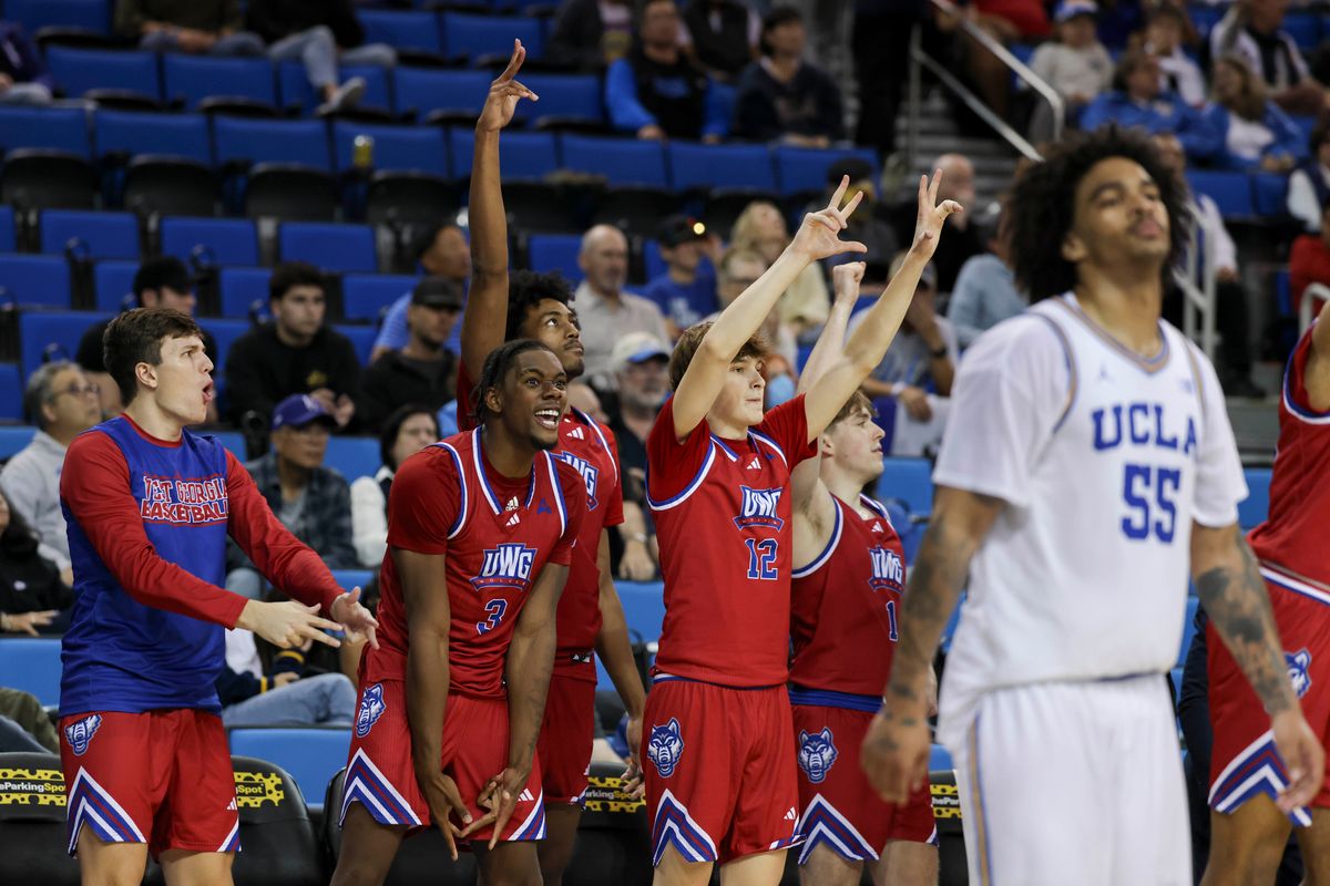 The West Georgia Wolves bench celebrates a three point shot during an NCAA basketball game against the UCLA Bruins, Monday November 10, 2025 in Los Angeles, Calif. The West Georgia Wolves bench celebrates a three point shot during an NCAA basketball game against the UCLA Bruins, Monday November 10, 2025 in Los Angeles, Calif.