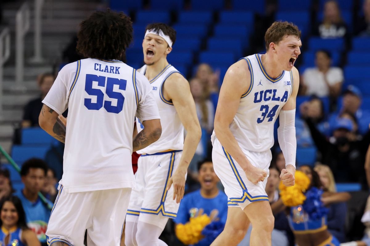 Forward Tyler Bilodeau #34 of the UCLA Bruins shoots the ball during an NCAA basketball game against the West Georgia Wolves, Monday November 10, 2025 in Los Angeles, Calif. Forward Tyler Bilodeau #34 of the UCLA Bruins shoots the ball during an NCAA basketball game against the West Georgia Wolves, Monday November 10, 2025 in Los Angeles, Calif.