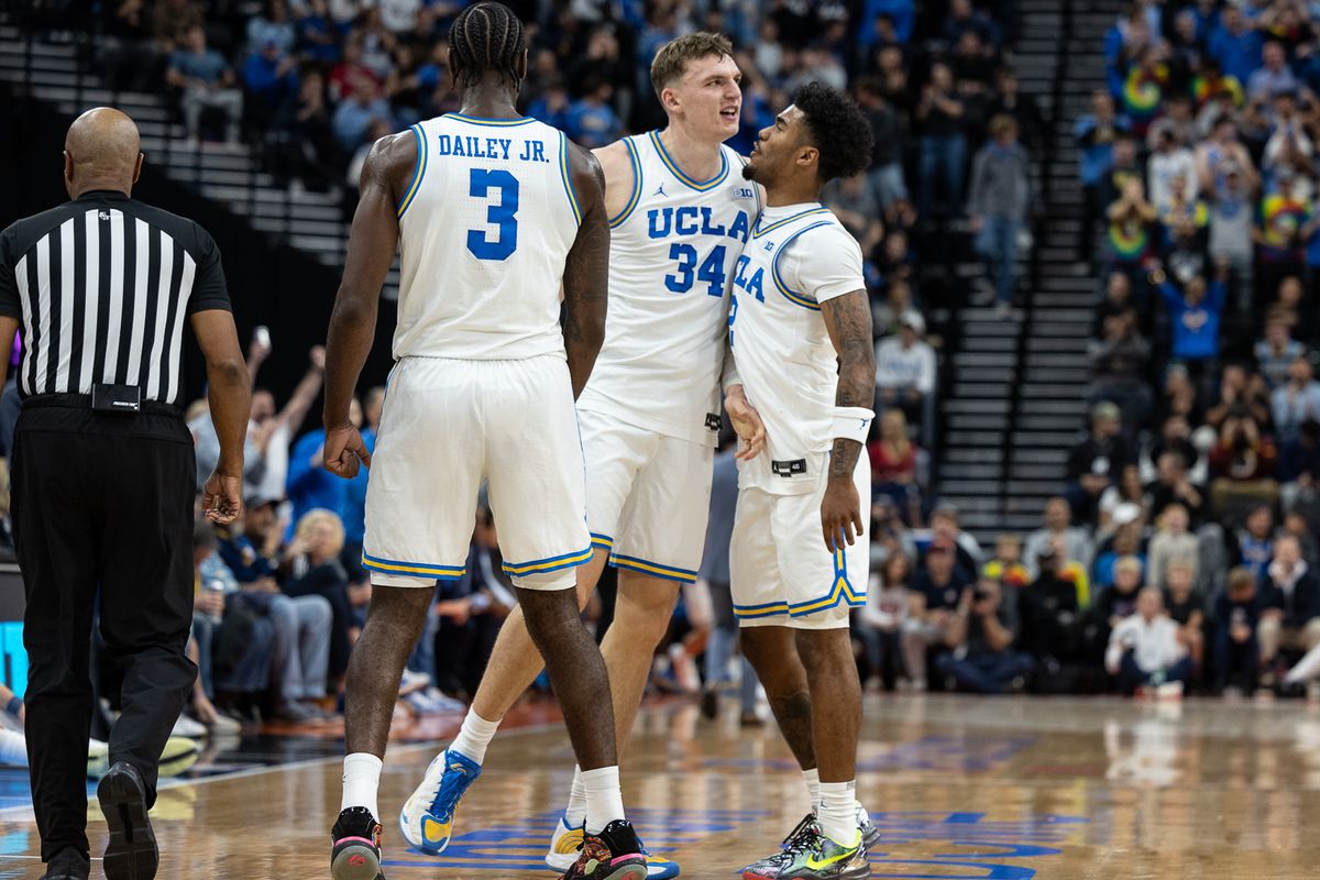 UCLA forward Tyler Bilodeau (34) celebrates during a Big Ten Conference college basketball game against the Arizona Wildcats, Friday November 14, 2025 in Inglewood, Calif. UCLA forward Tyler Bilodeau (34) celebrates during a Big Ten Conference college basketball game against the Arizona Wildcats, Friday November 14, 2025 in Inglewood, Calif.