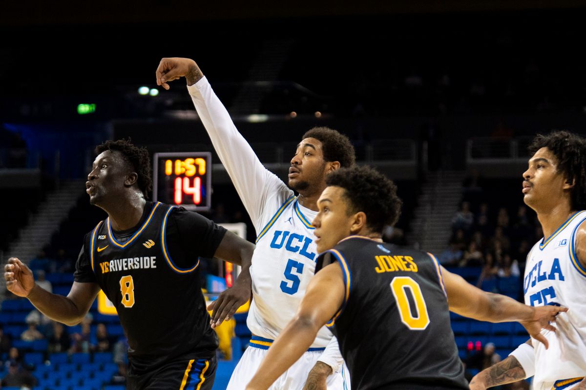 UCLA guard Brandon Williams (55) hits the first three of the game during an NCAA basketball game against UC Riverside, Tuesday December 23rd, 2025 in Los Angeles, California. UCLA guard Brandon Williams (55) hits the first three of the game during an NCAA basketball game against UC Riverside, Tuesday December 23rd, 2025 in Los Angeles, California.